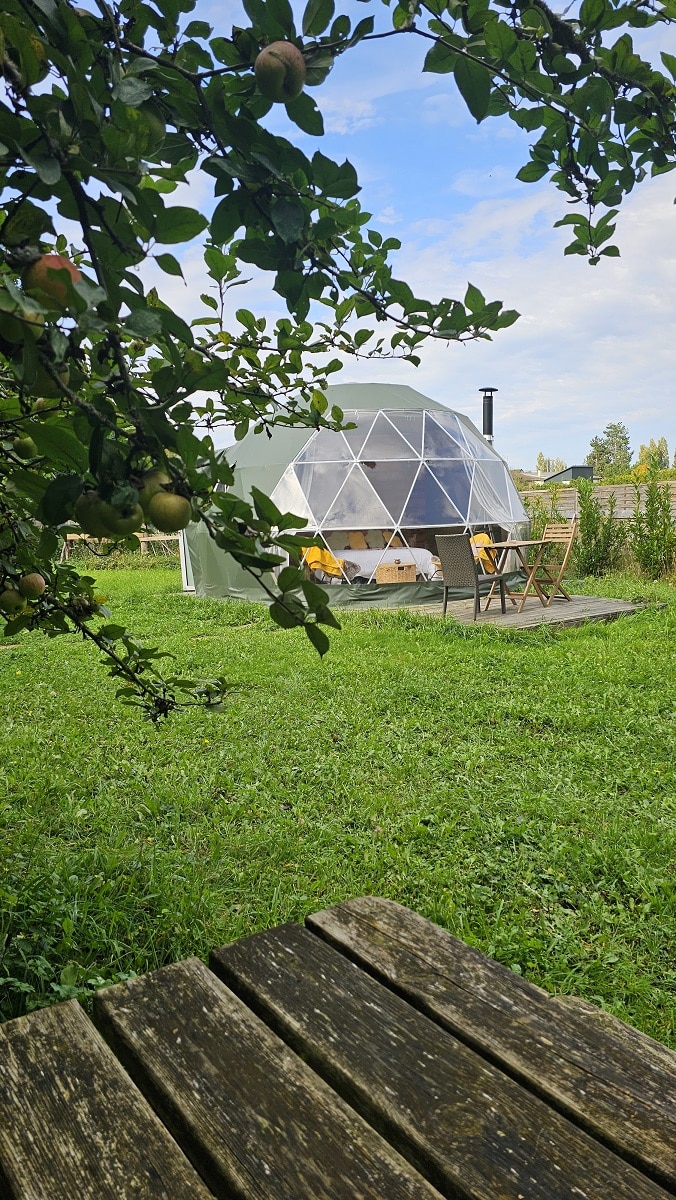 Vue romantique du Dôme de l’Aube dans un jardin de pommiers, un cadre paisible pour un séjour intime.